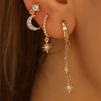 E1729 - Star and Moon Chain Tassel Earrings